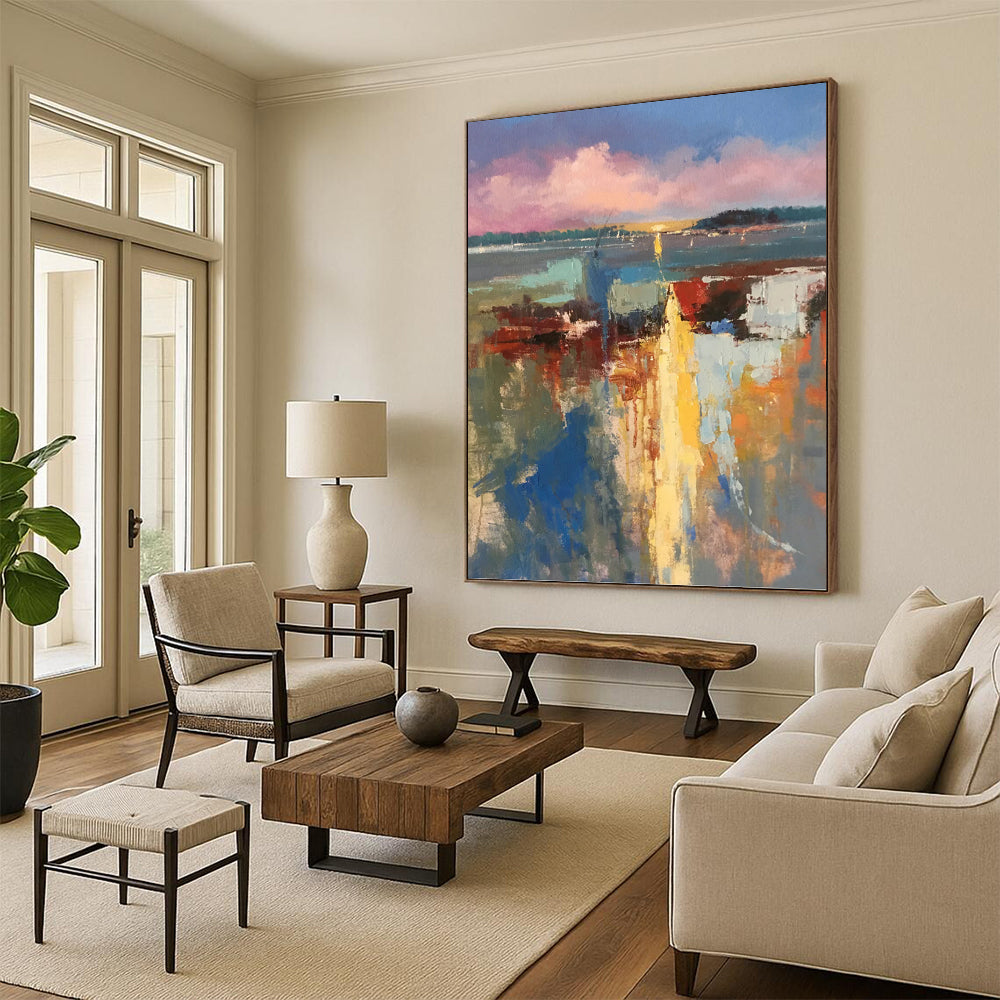 “Colorful Abstract Harbor” - Impressionistic, Vibrant - Hued Painting On Canvas PT1578