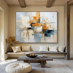 “Abstract Cityscape in Gray, Orange & Blue” - Modern Urban Impasto Painting On Canvas PT006
