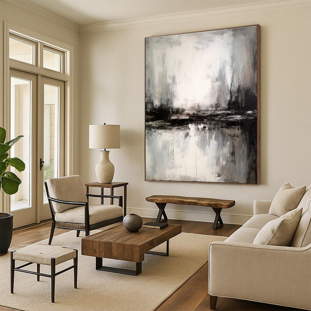 “Monochrome Mist Reflection” - Black, White, Gray Abstract Landscape Painting On Canvas PS0623