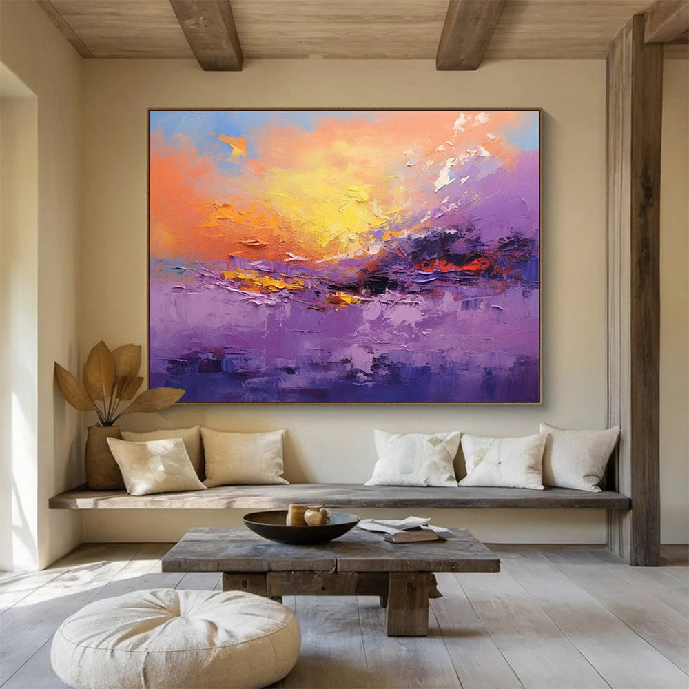 “Vibrant Purple and Orange Sunset Landscape” - Impasto Landscape Painting On Canvas PT084