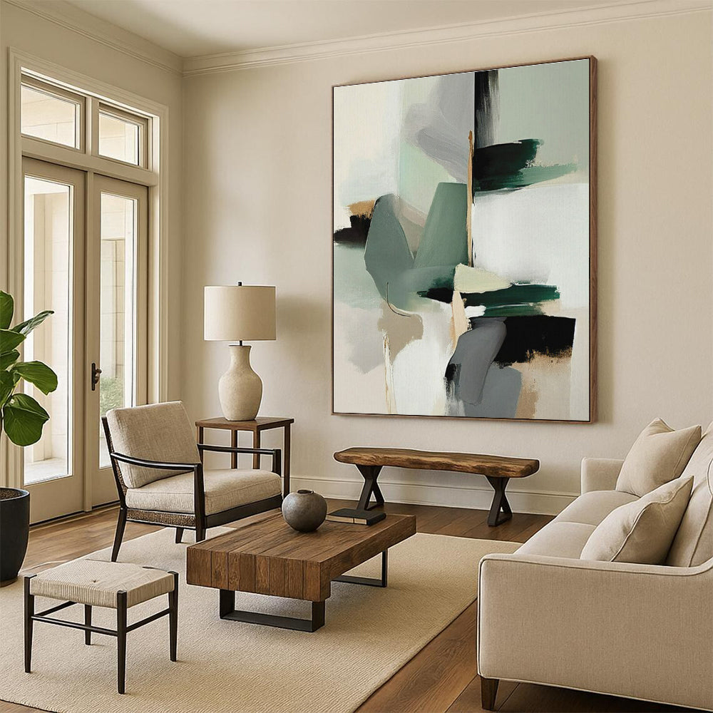“Mint & Gray Abstract Composition” - Mint, Gray, White, Black Abstract Painting On Canvas PS0760