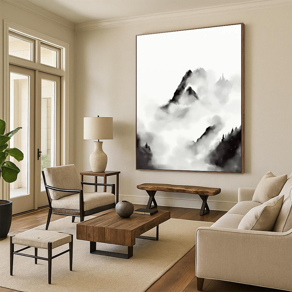 “Ink - Wash Mountainscape” - Traditional Chinese Style Clouds & Peaks Painting On Canvas DS207