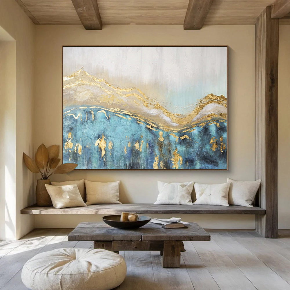 “Gold - Blue Abstract Peaks” - Blue, Gold & White Abstract, Textured Acrylic Painting On Canvas DKS733