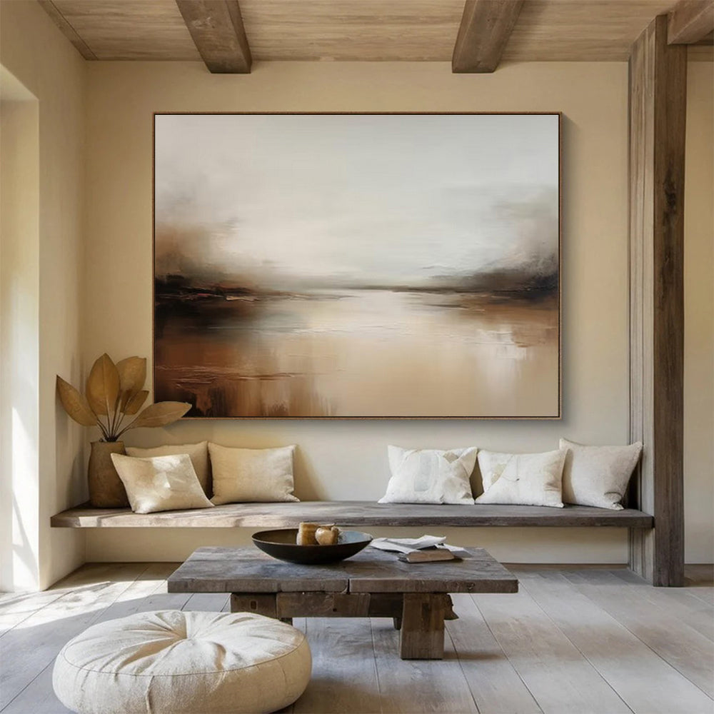Muted River Landscape in Browns and Grays - Atmospheric Landscape Painting On Canvas DKS321