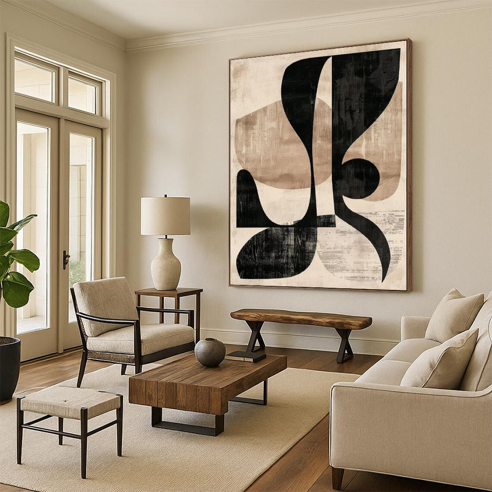 “Black & Beige Shapes” - Black, Beige Geometric Abstract Painting On Canvas PS0385
