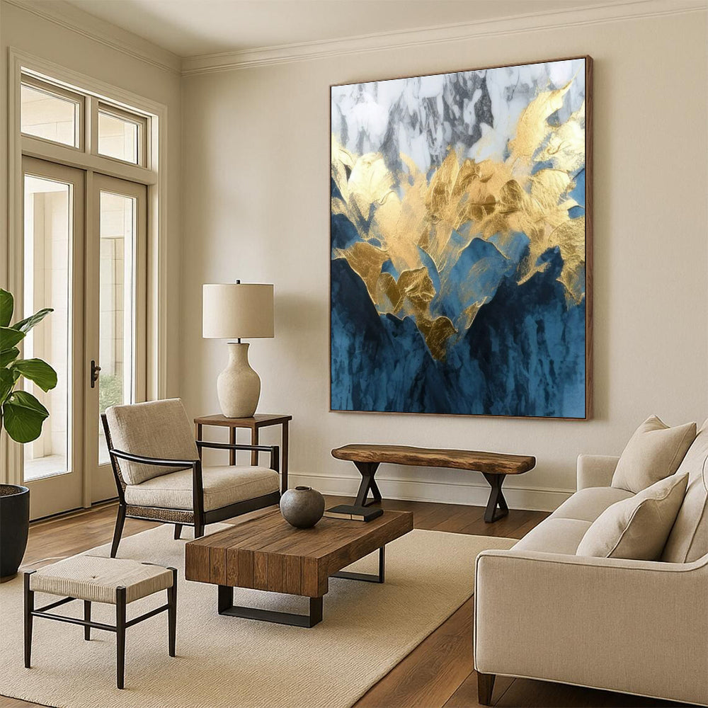 Blue and White with Gold Foil, "Gilded Peaks" – Abstract Mountain - Inspired On Canvas PS0916