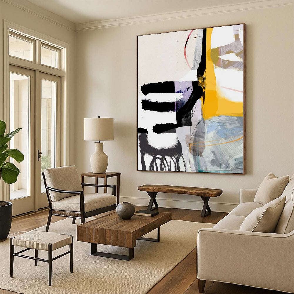 “Yellow - Purple - Black Abstract Collage” - Mixed - Media Abstract Painting On Canvas PT2313