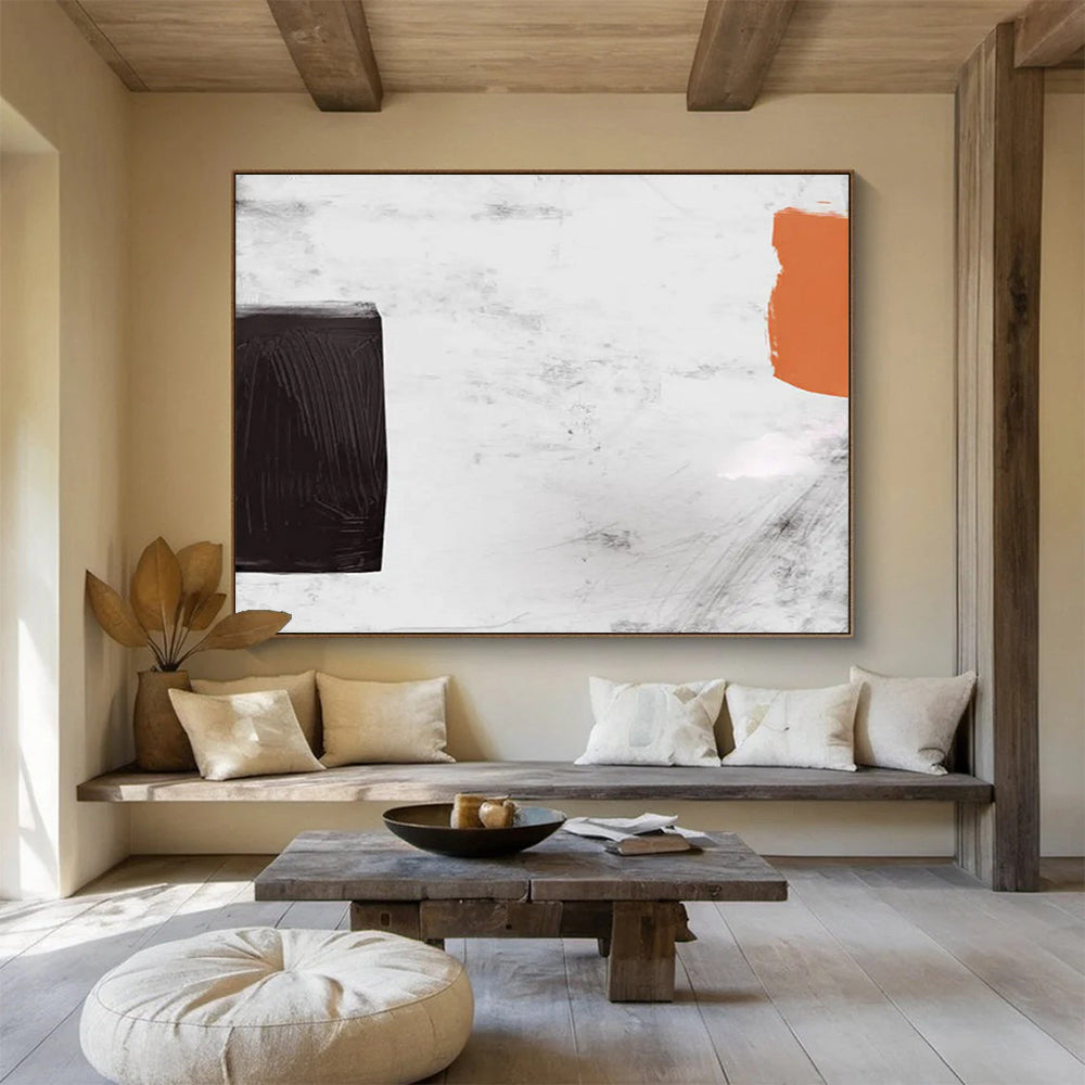 “Minimalist Black, White, and Orange Abstract” - Bold Abstract Painting On Canvas PT146