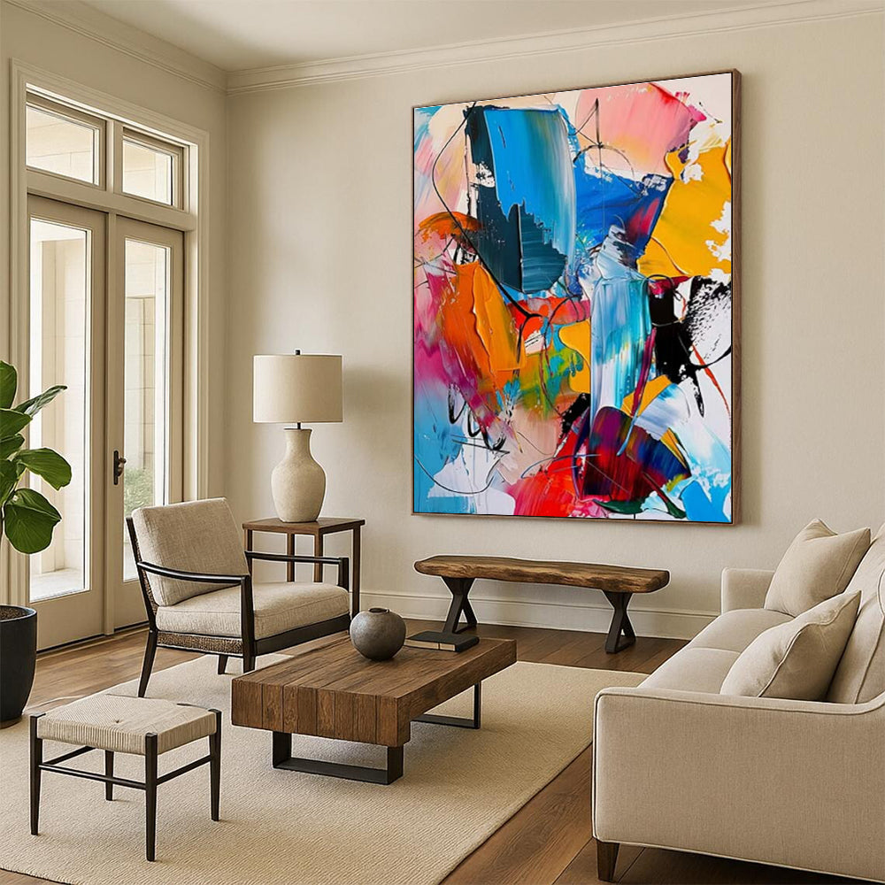 “Colorful Abstract Fusion” - Blue, Pink, Yellow, Orange Abstract Expressionist Painting On Canvas PS0689