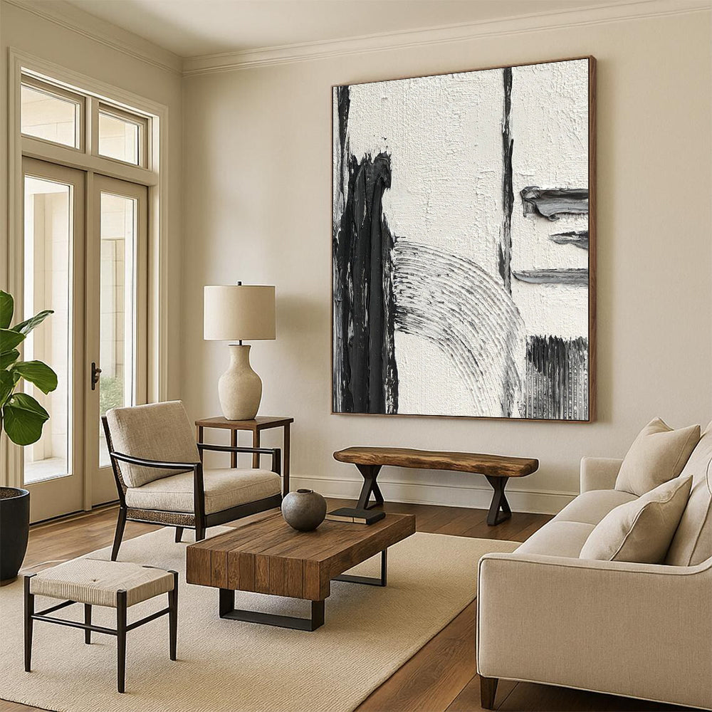 “Textured Black and White Abstract Forms” - Subtle Abstract Painting On Canvas DS386