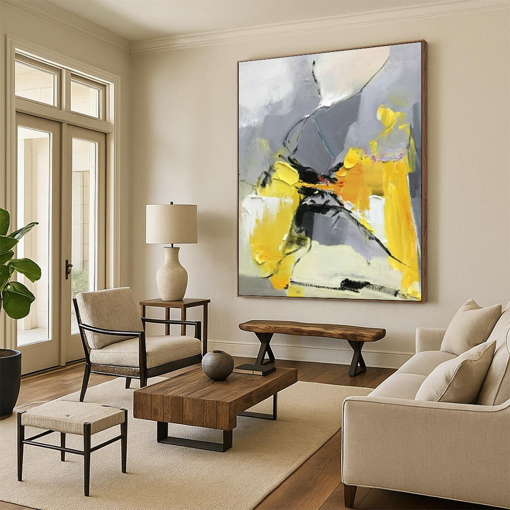 “Gray - Yellow Abstract Dance” - Gray, Yellow, Black Abstract Fluid Painting On Canvas PS0618