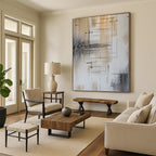 “Brown, Grey and White Linear Abstract” - Modernist Line Painting On Canvas PT0979