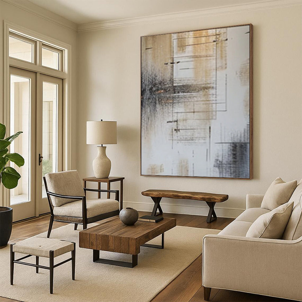 “Brown, Grey and White Linear Abstract” - Modernist Line Painting On Canvas PT0979