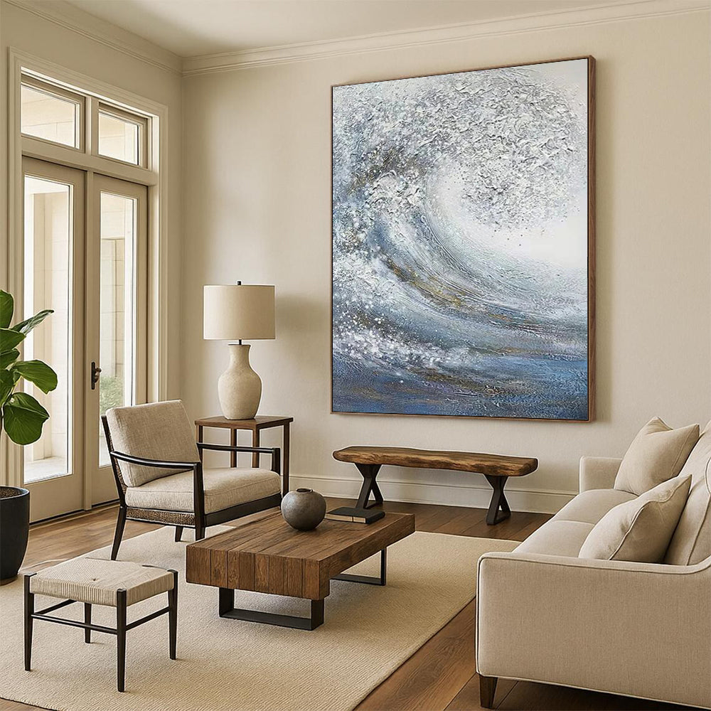 “Silver and Blue Wave” - Textured Seascape Painting On Canvas DS337