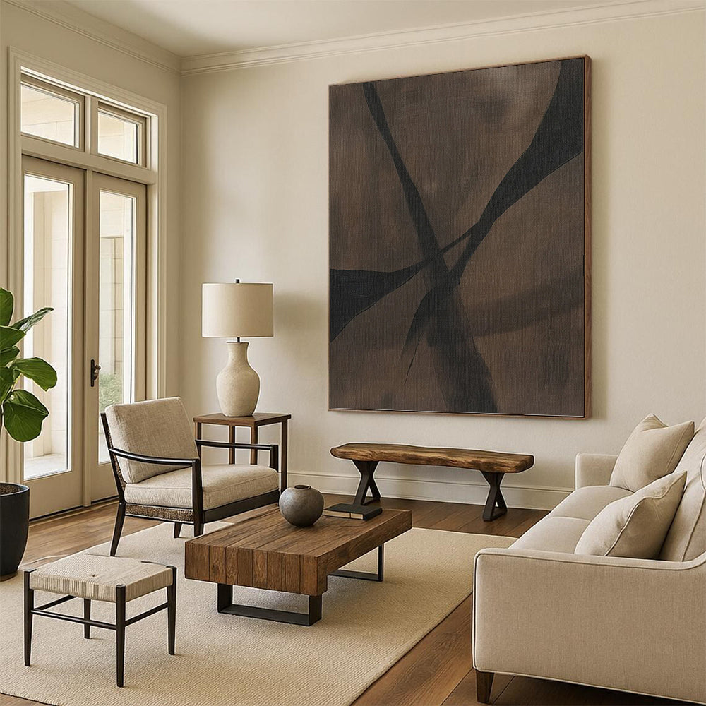 “Brown - Black Curved Crossings” - Abstract Expressionist Painting On Canvas PT1159