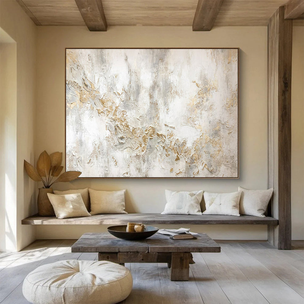 “White and Gold Textured Abstract” - Impasto Abstract - Painting On Canvas PT1772