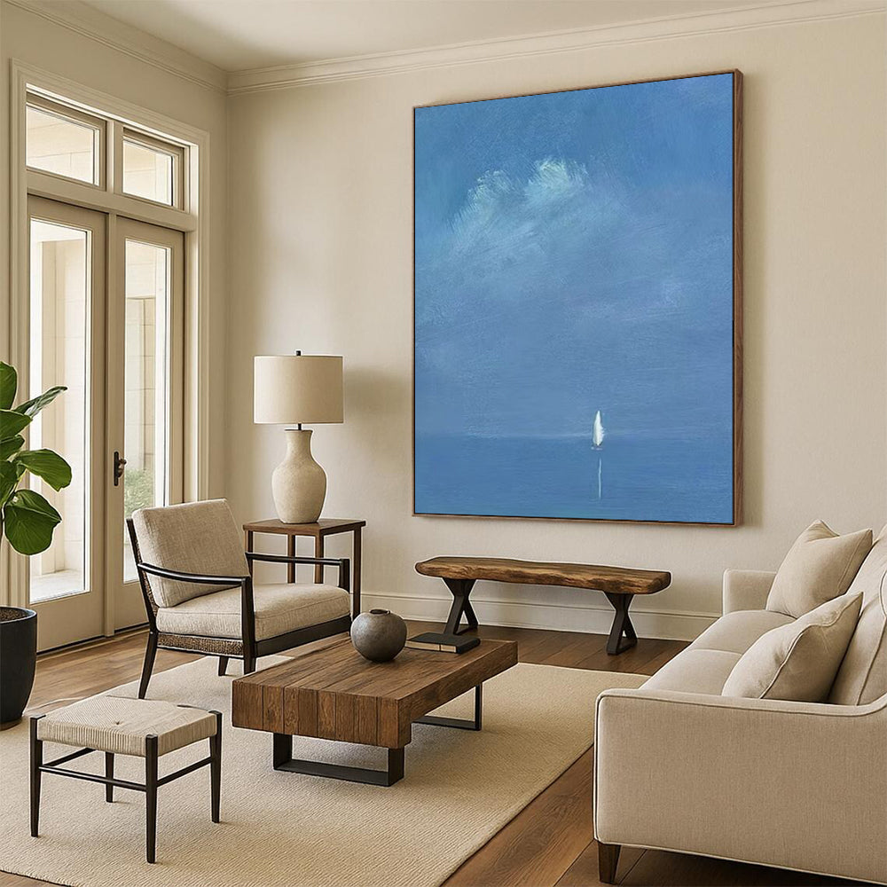 “Pale Blue Distant Sailboat” - Minimalist Maritime Painting On Canvas PT1879