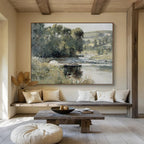 “Riverbank in Soft Greens” - Impressionistic Oil Painting on Canvas PT1489