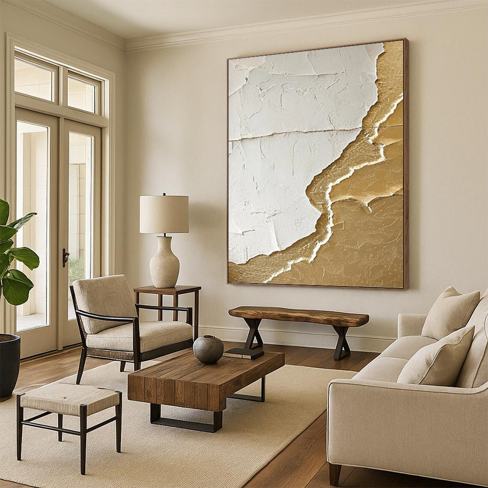 “White and Gold Textured Abstract” - Luxe Relief Painting On Canvas PT0986