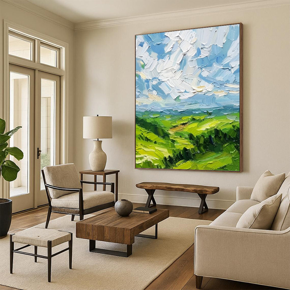 “Textured Green Landscape” - Impressionistic, Vivid - Hued Painting On Canvas PT1557