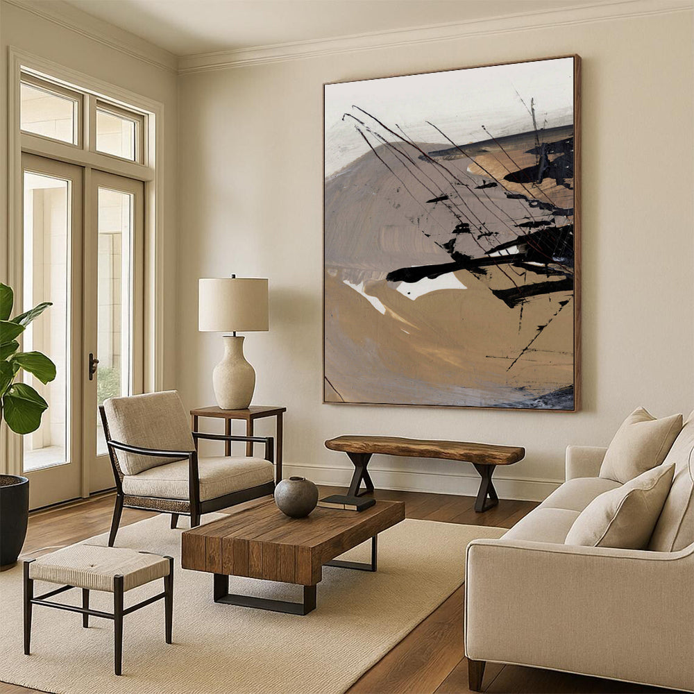 “Earth - Toned Abstract” - Beige, Gray & Black Dynamic Forms Painting On Canvas DS201