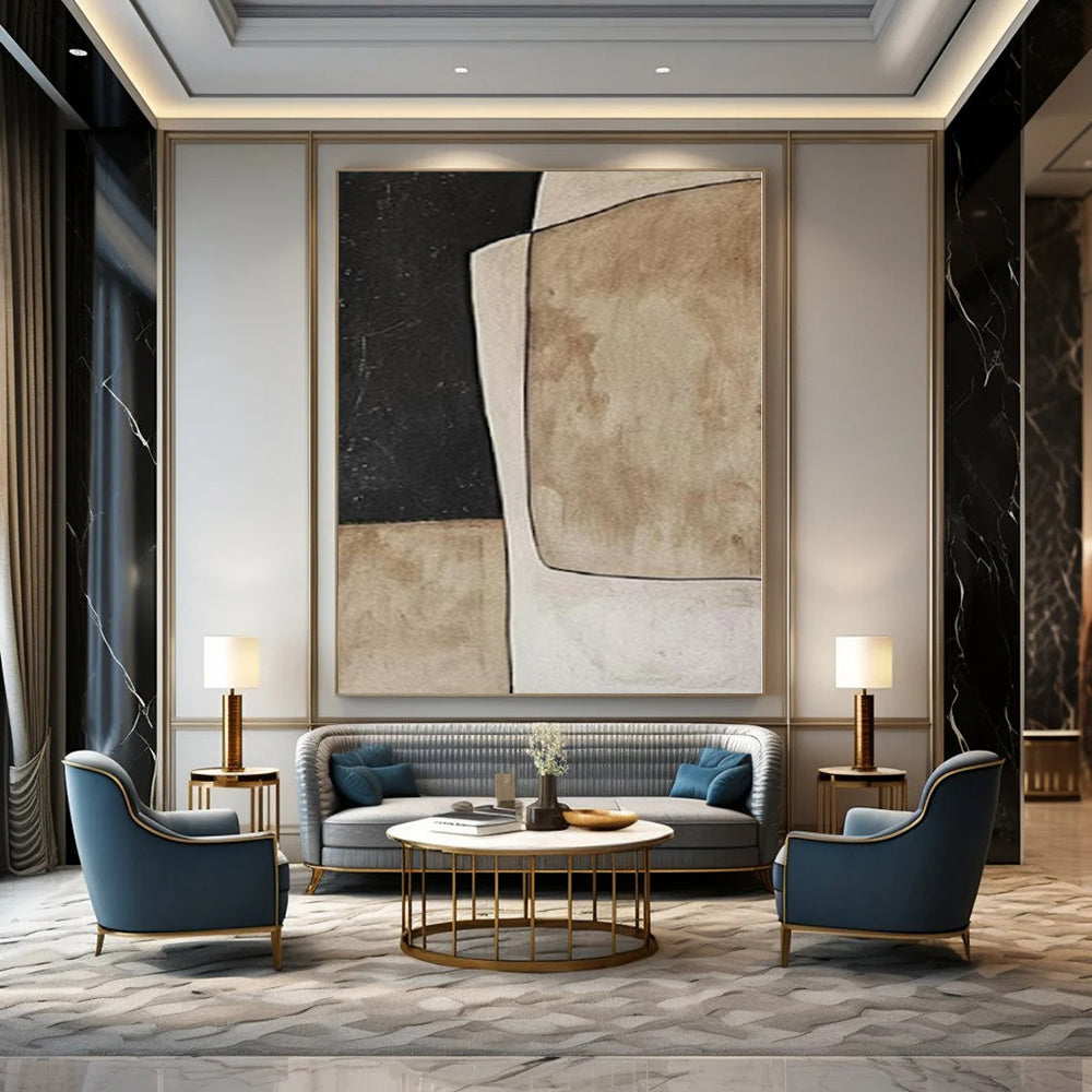 Beige, Black and White with Geometric Shapes "Vintage Geometry" Abstract Painting On Canvas PS1109