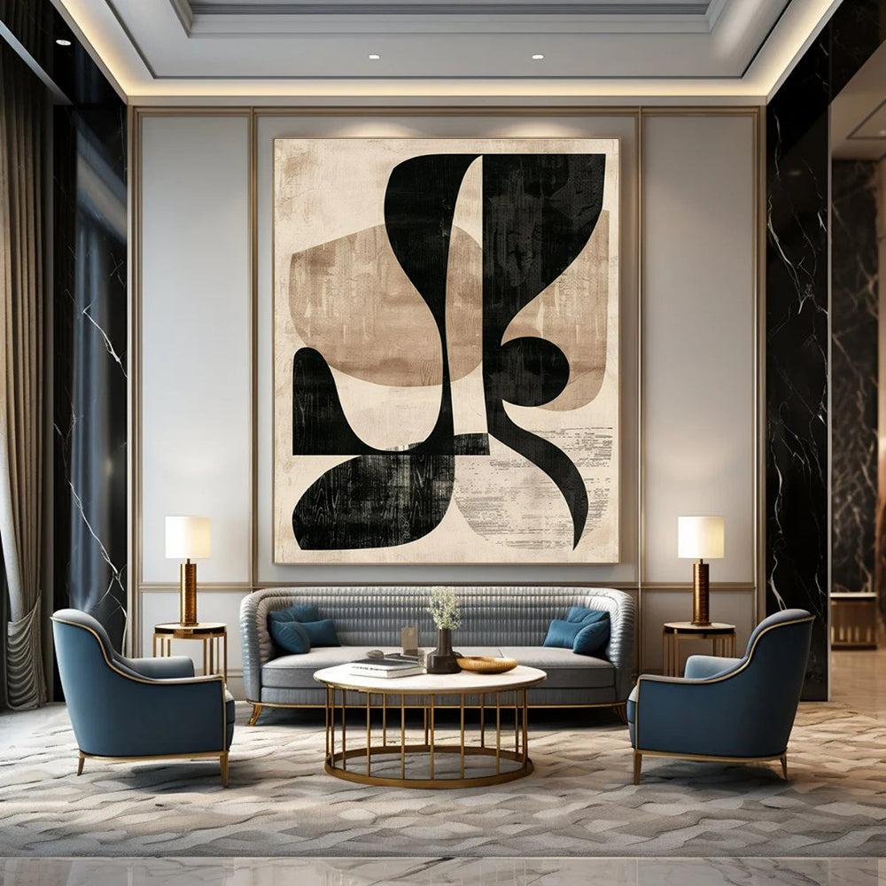 Beige, Black with Layered Shapes "Retro Collage" Abstract Painting On Canvas PS1420