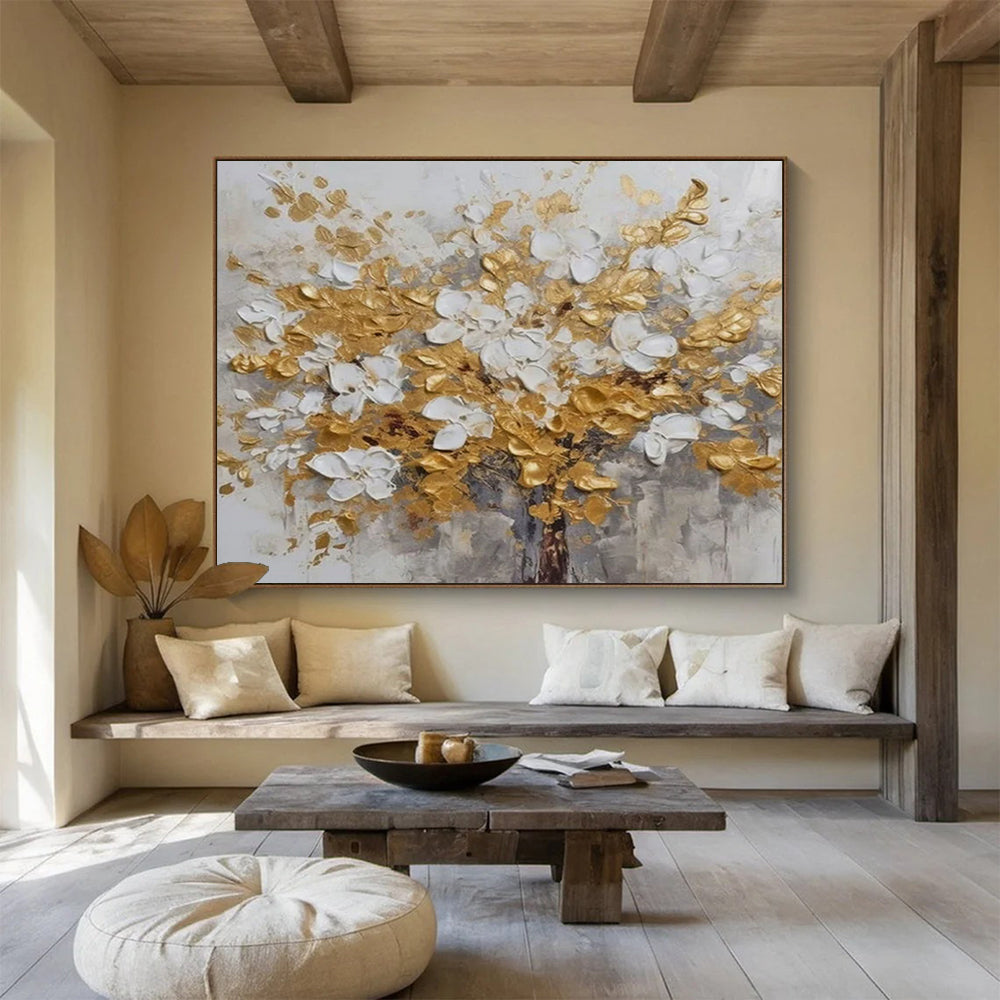 “Gold & White Blossom Tree” - Textured Floral Painting On Canvas PT246