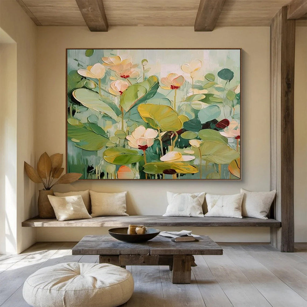 “Pastel - Toned Lotus Blooms” - Impressionistic Oil Painting on Canvas PT1494
