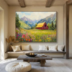 “Idyllic Mountain Barn” - Green, Yellow & Pink Landscape, Folk - Art Inspired Painting On Canvas DKS727