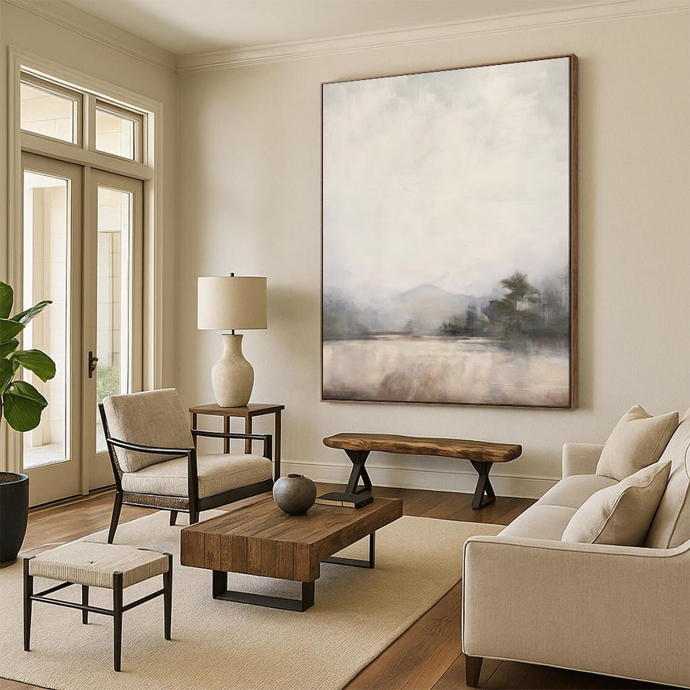 “Misty Mountain Lake in Neutral Tones” - Landscape Painting On Canvas PT2056