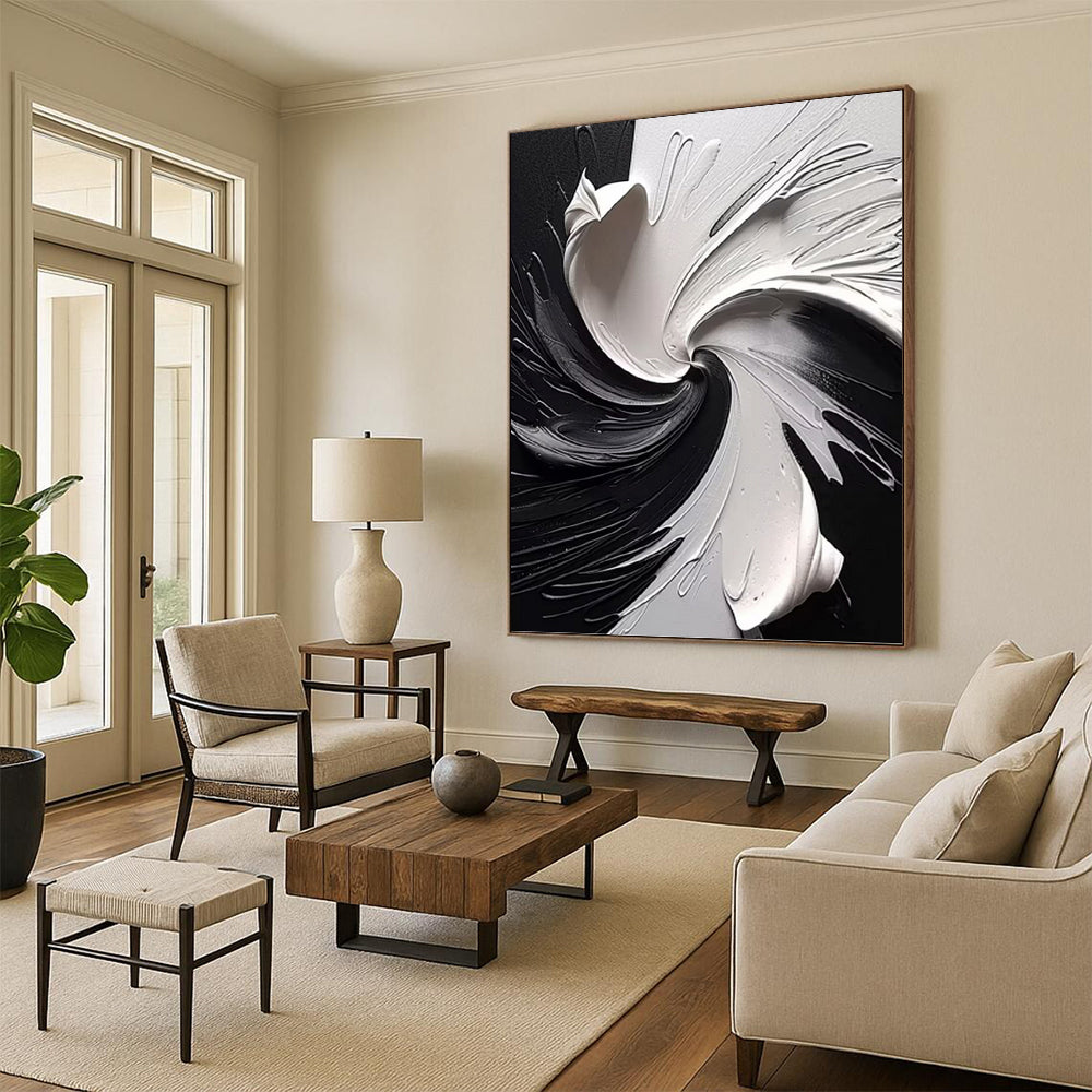 “Black & White Swirling Abstraction” - Dramatic, Monochrome Painting On Canvas PT1474