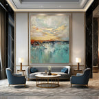 Blue, Gray, Gold with Impasto "Sunset Reflection" Abstract Painting On Canvas PS1422
