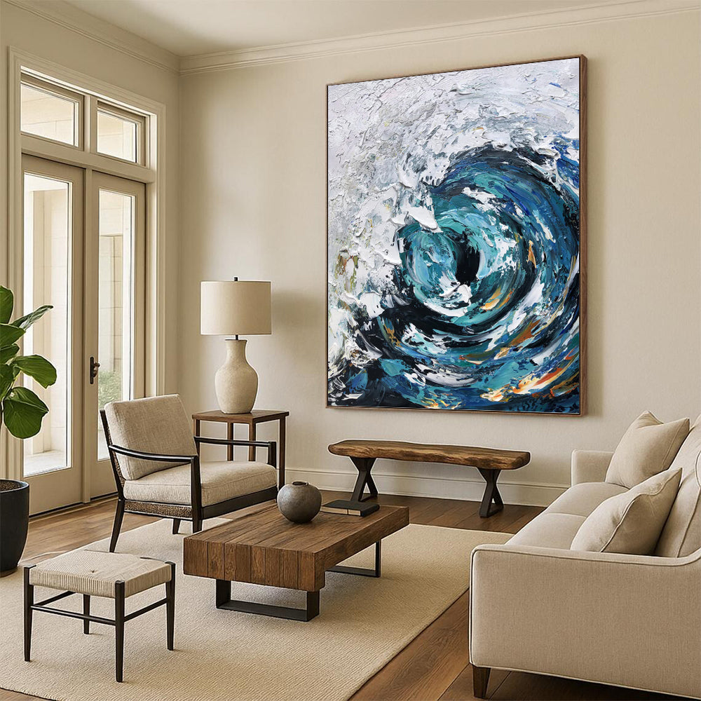 “Blue - White Swirling Wave” - Impasto Seascape Painting On Canvas PT1295