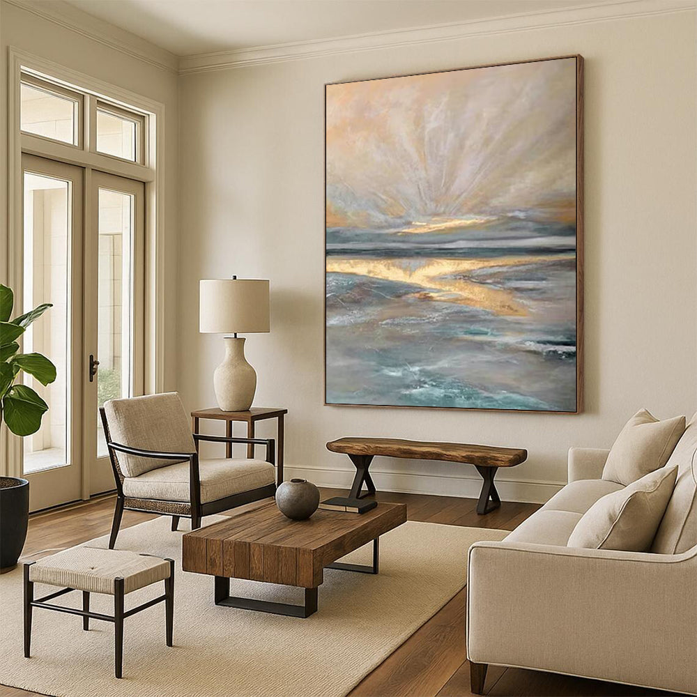 “Ethereal Coastal Glow - Soft Tones & Golden Reflections” Painting On Canvas DS264