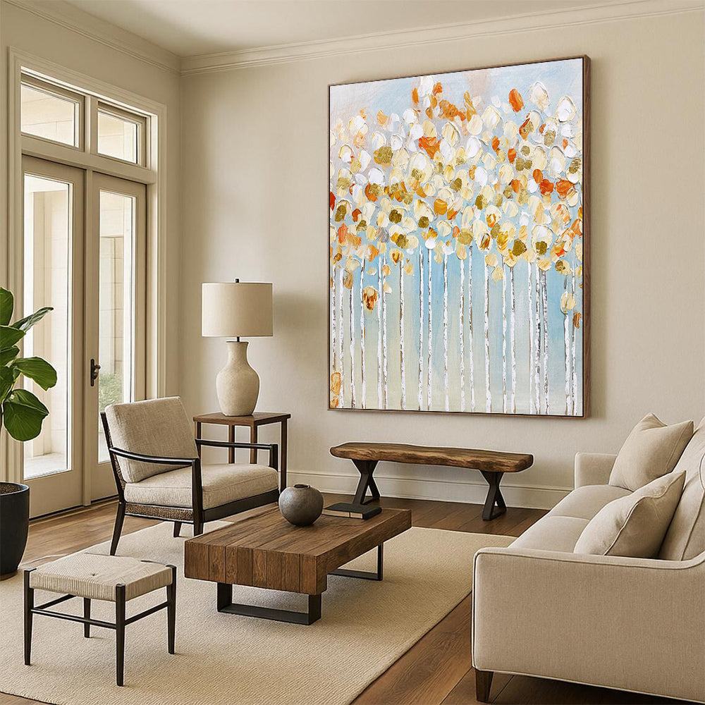 “Golden Blossom Trees” - White, Gold, Blue Floral Abstract Painting On Canvas PT1461