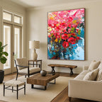 “Vibrant Pink Flowers in Blue Vase” - Impressionist - Inspired Floral Painting On Canvas PT1432