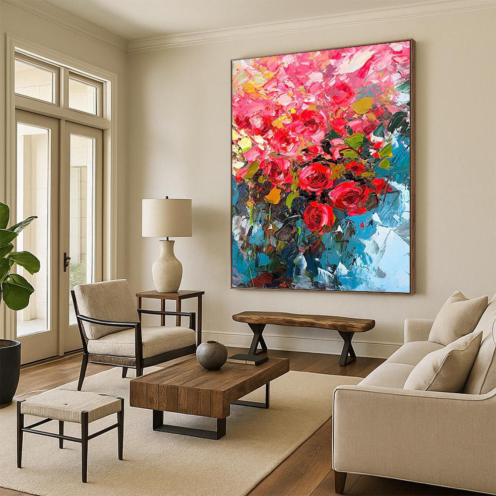 “Vibrant Pink Flowers in Blue Vase” - Impressionist - Inspired Floral Painting On Canvas PT1432