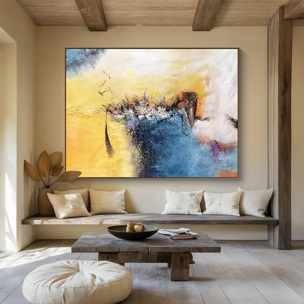 “Vibrant Yellow and Blue Abstract” - Energetic Abstract Painting On Canvas PT156
