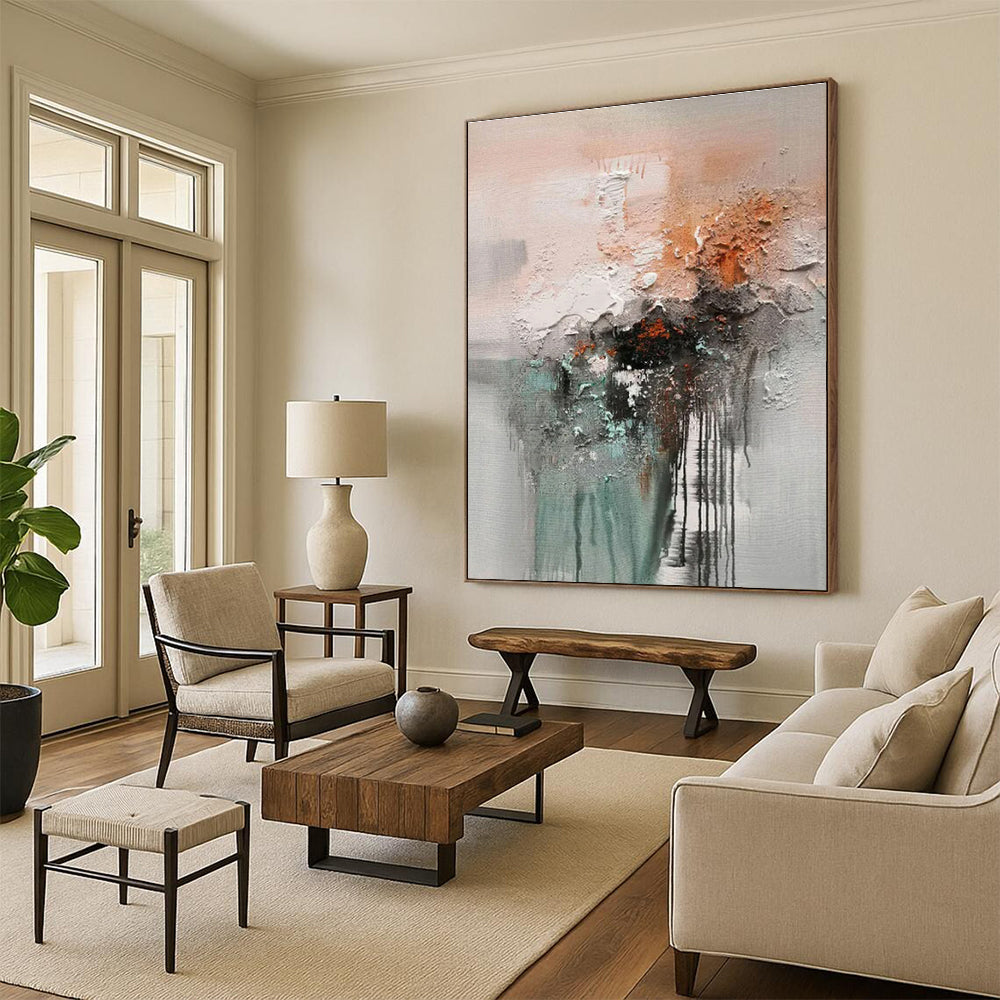 Textured Gray - Orange Abstract, "Rough Dawn" – Mixed - Media Abstract Painting On Canvas PS0898