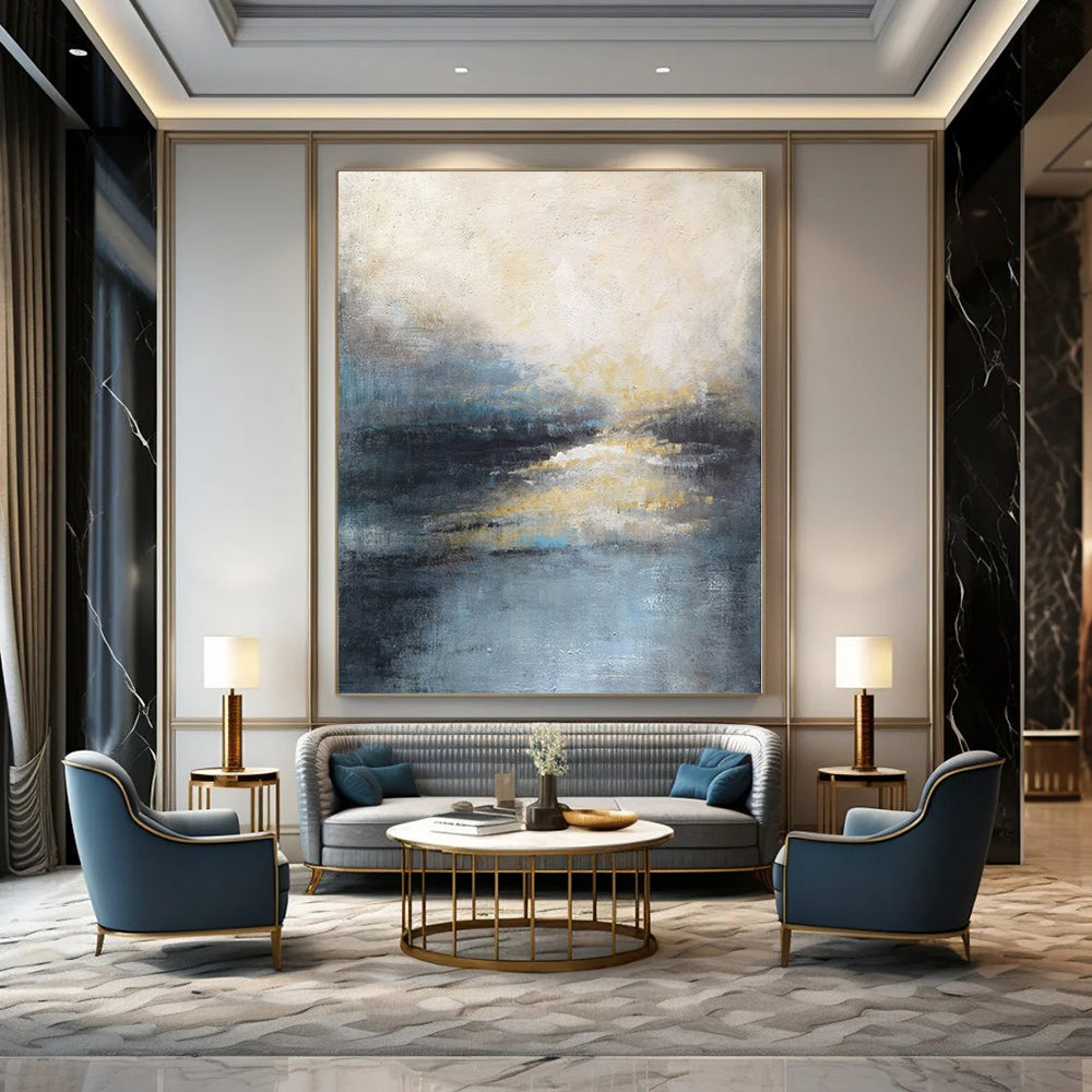 Blue, Gray, Beige and Gold with Subtle Light Reflections "Dawn’s Whisper" Abstract Landscape Painting On Canvas PS1155