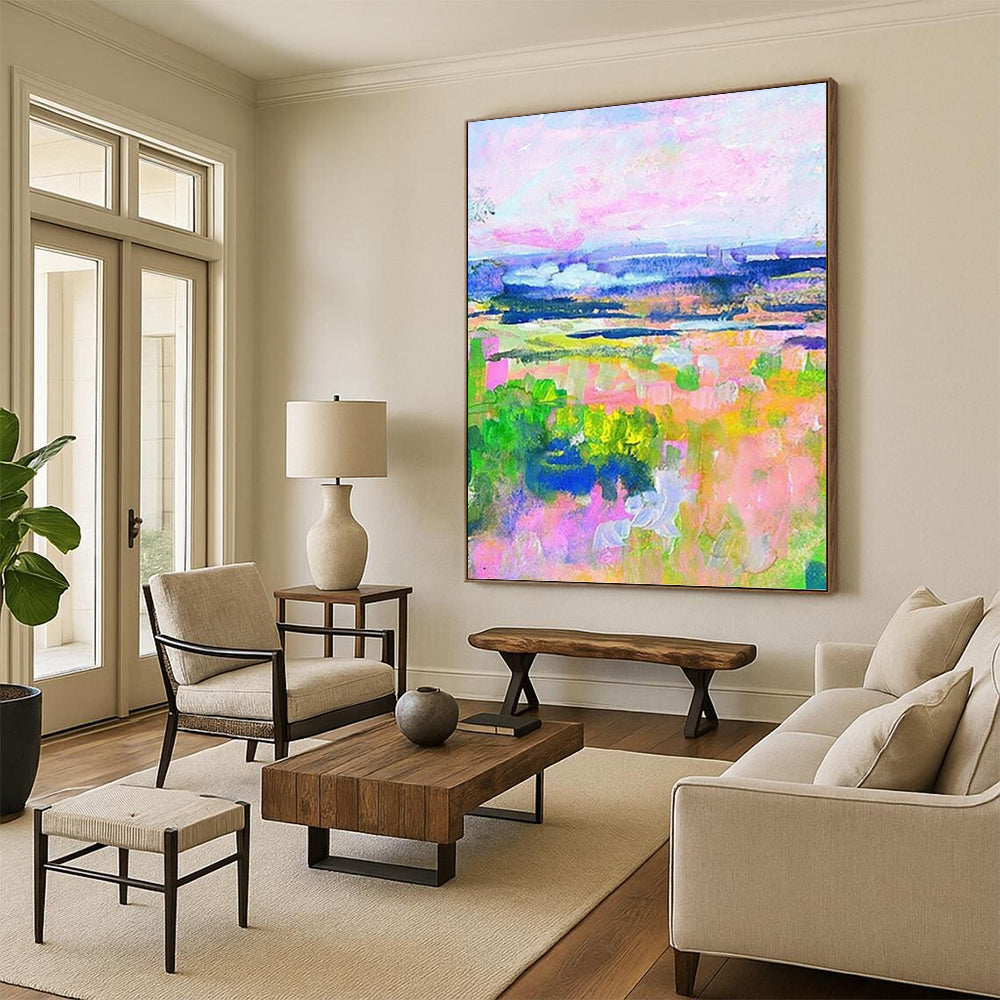 “Colorful Landscape: Pink, Green, and Blue Impressionistic Field” - Vibrant Impressionistic Painting On Canvas PT0934