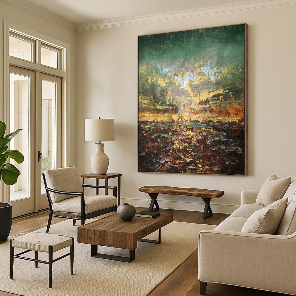 “Textured Green and Gold Abstract Landscape” - Abstract Landscape Painting On Canvas PT1942