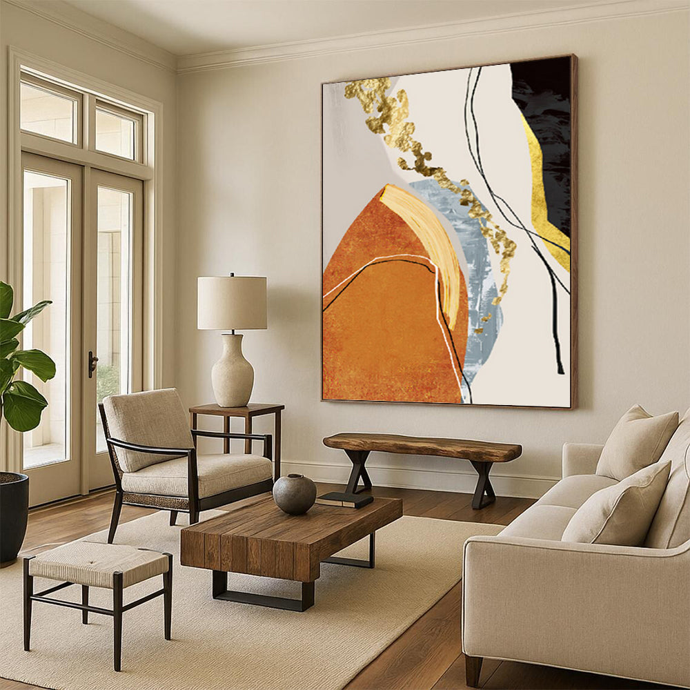 “Colorful Abstract Shapes with Gold” - Abstract, Eclectic - Styled Painting On Canvas PT1515