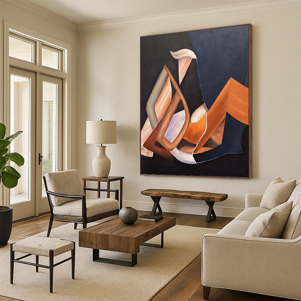 “Geometric Shapes: Brown, Orange, and Purple Abstract” - Cubist - Inspired Abstract Painting On Canvas PT0927