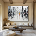 “Urban Rainy Day in Black and White with Red Accents” - Impressionistic Oil Painting On Canvas DKS895