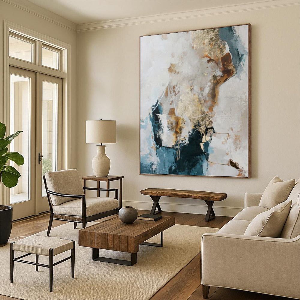 “Blue, Gold and White Abstract” - Coastal Luxe Painting on Canvas PT1010