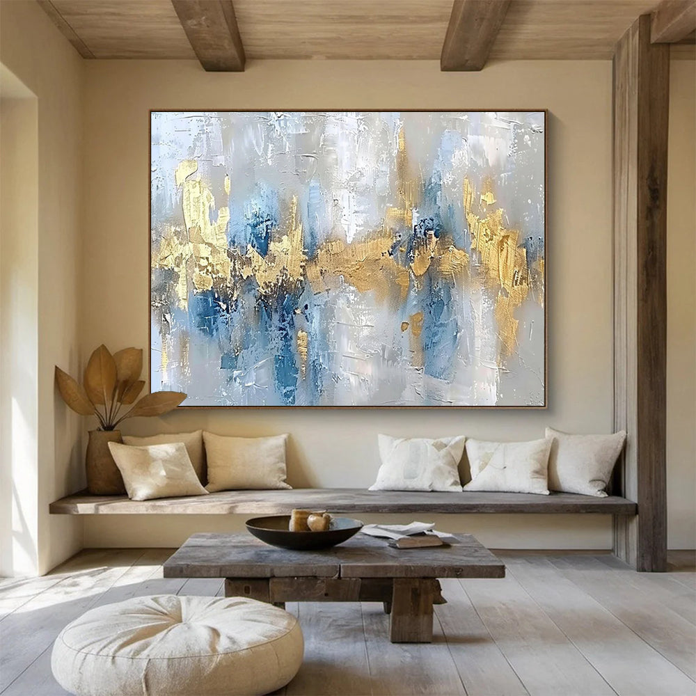 “Cool Blue & Gold Fusion” - Abstract Metallic Painting On Canvas PT046