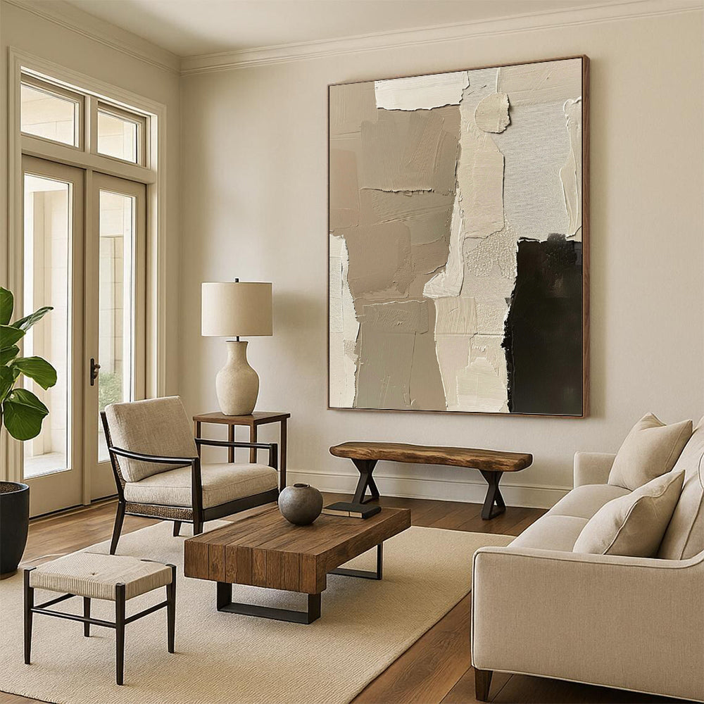 “Neutral Tones Textured Collage” - Mixed - Media Abstract Painting On Canvas PT1161