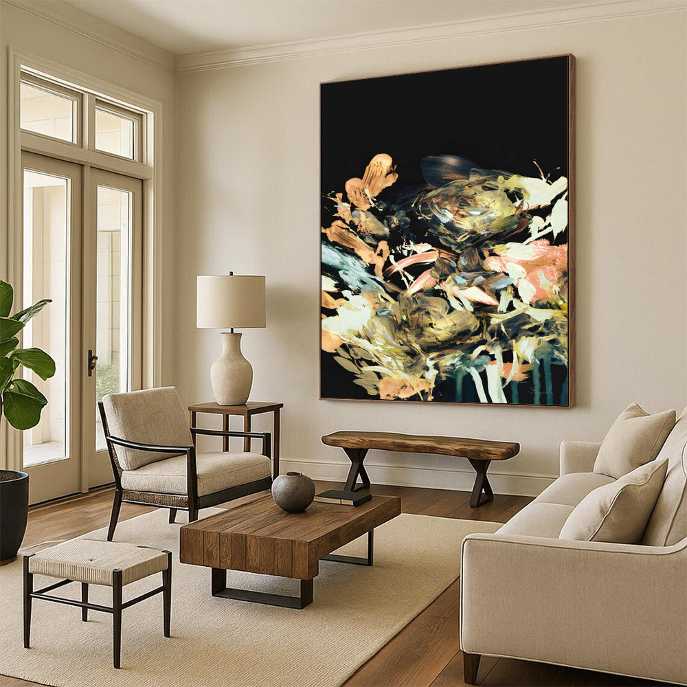 “Midnight Blossom Burst” - Colorful Florals on Black Background Painting On Canvas DS171